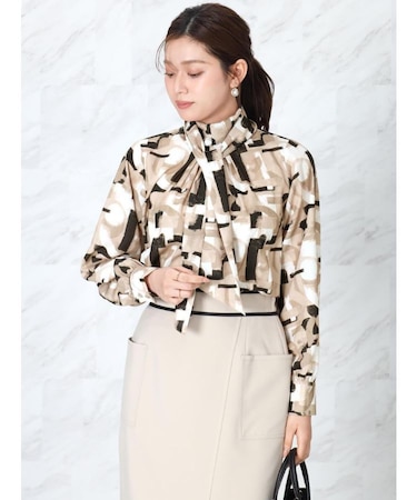 アートプリントリボンタイブラウス