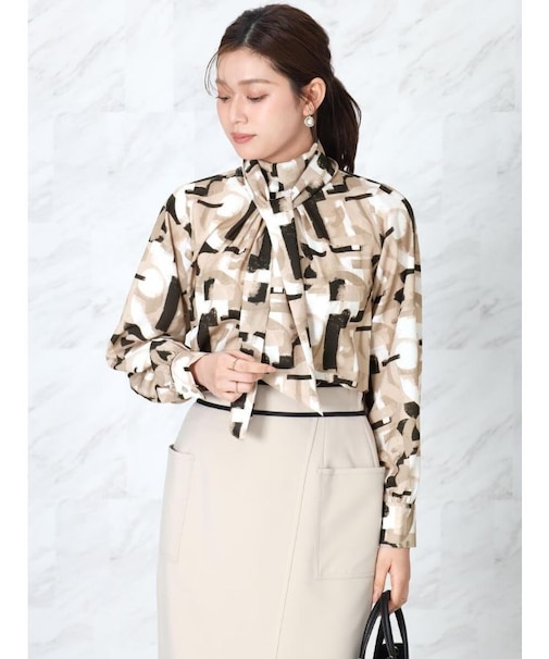 アートプリントリボンタイブラウス