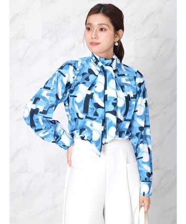 アートプリントリボンタイブラウス