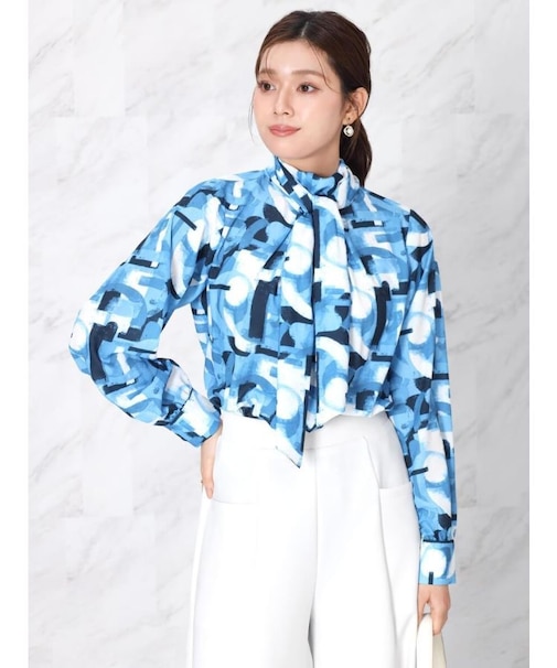 アートプリントリボンタイブラウス