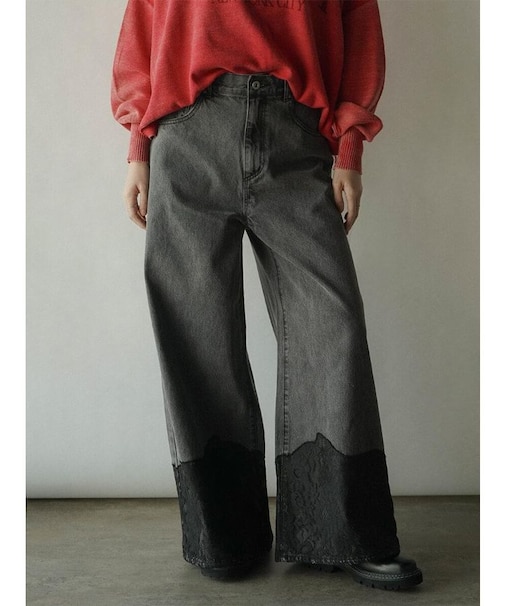 レースドッキングデニムワイドパンツ