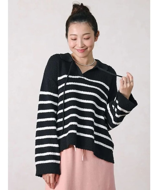 スキッパーデザイン襟付きボーダーニット