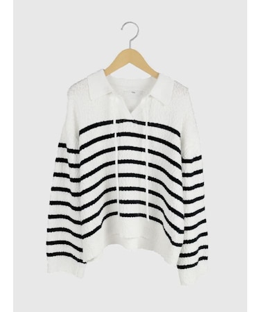 スキッパーデザイン襟付きボーダーニット