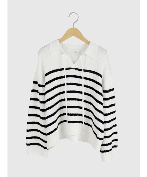 スキッパーデザイン襟付きボーダーニット