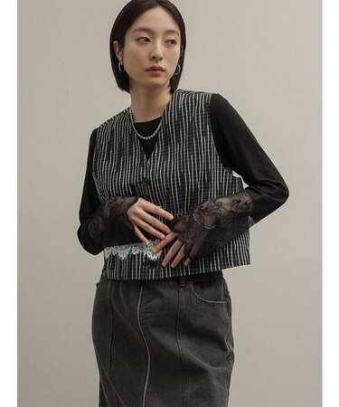 レーススリーブリブパイピングカットソー