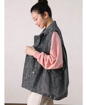 ツイードデニムドッキングノースリーブジャケット