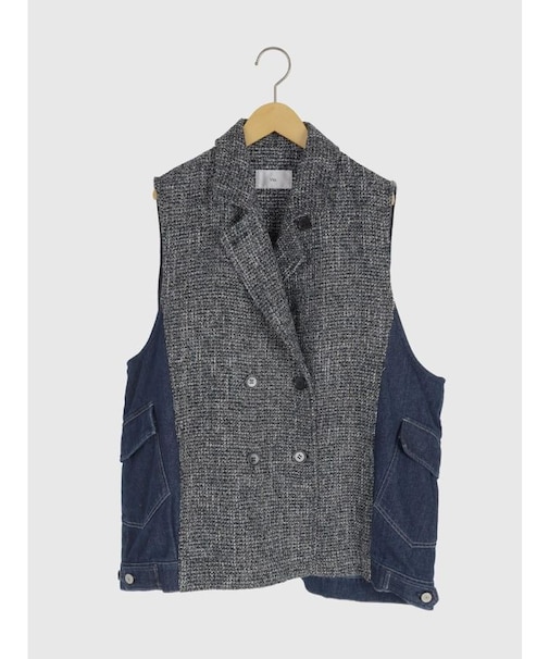 ツイードデニムドッキングノースリーブジャケット