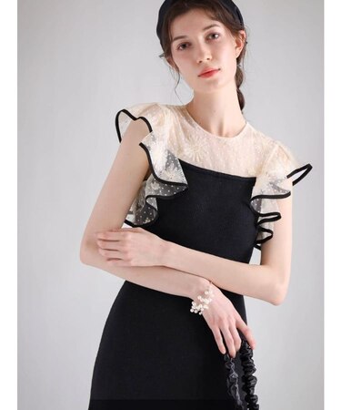 フラワードットチュールドッキングニットワンピース