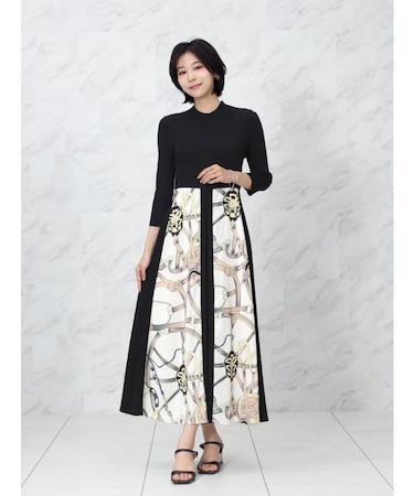 スカーフプリントニットドッキングワンピース