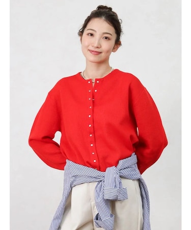 リネン混クルーネックカーディガン