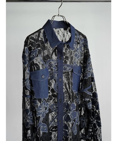 デニムフラワージャガードレースブラウス