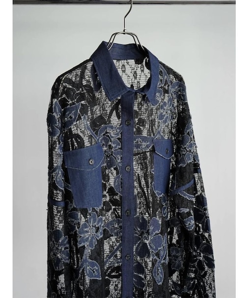 デニムフラワージャガードレースブラウス