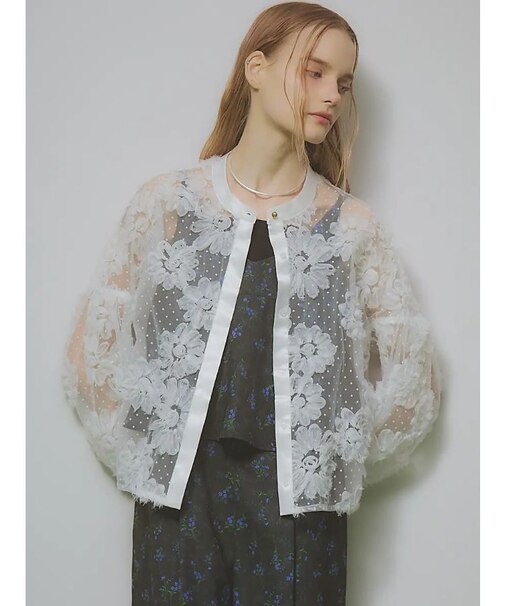 フラワー刺繍チュールブラウス