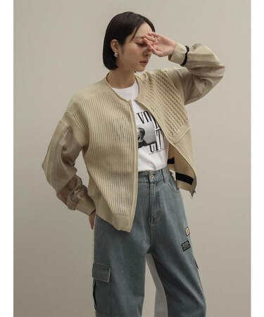メッシュ×シアー配色ダブルジップブルゾン