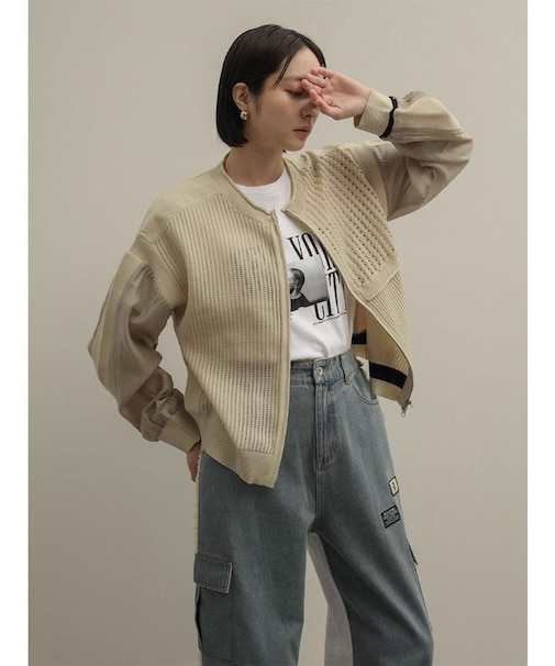 メッシュ×シアー配色ダブルジップブルゾン