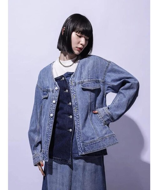 ノーカラーデニムジャケット