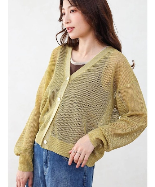【YELLOW】メッシュラメショートカーディガン SALE30) 6G 強撚 綿混 ラメ ざっくり メッシュ 長袖 ニット