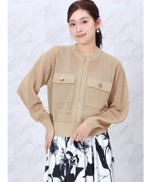 透かし編みニットジップカーディガン
