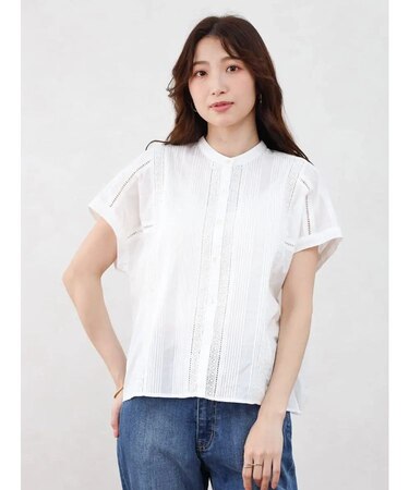 ピンタックレースフレンチスリーブブラウス