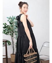 バックリボンリネンギャザーヘムワンピース