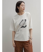 ビーズアクセントリーフプリントTシャツ