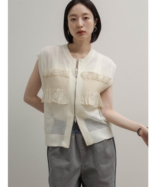 シャーリングフリルメッシュニットベスト