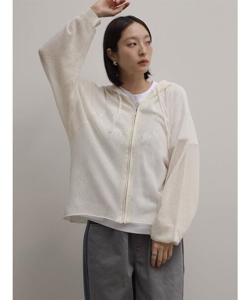 透かし編みメッシュニットフーディー