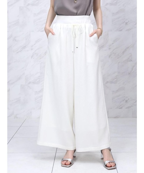 リネンライクワイドリブリラクシーパンツ（off white,beige）