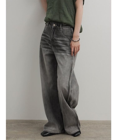 切り替えワイドストレートデニムパンツ(gray)