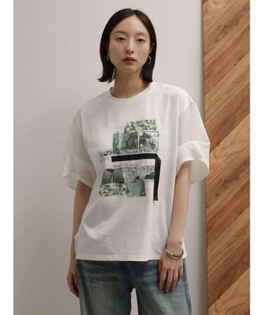 フォトコラージュプリントメッシュスリーブTシャツ