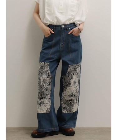 フラワーパッチワークデニムパンツ