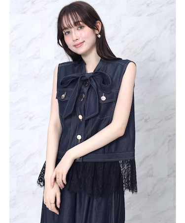 シャンブレーデニムレースドッキングジレ