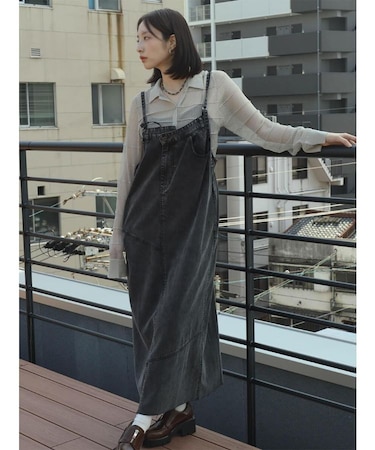 アシメフロントコットンセルロースデニムジャンパースカート(black,khaki)