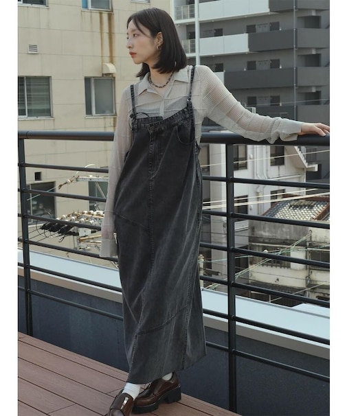 アシメフロントコットンセルロースデニムジャンパースカート(black,khaki)