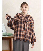 ケープ付きボリュームスリーブチェックシャツ