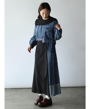 デニムコンビロングスリーブカットワンピース