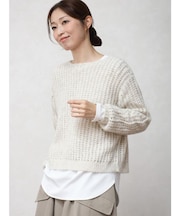 【ブルー：限定カラー】レイヤード透かし編みニット