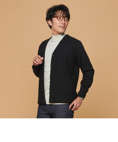 メンズニット Vネック 裏キルト カーディガン 黒系