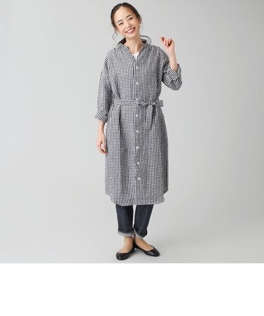 レディース ウィメンズ カジュアル 長袖 ロングシャツ バンドカラー 麻100% 白×黒チェック