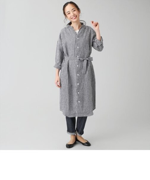 レディース ウィメンズ カジュアル 長袖 ロングシャツ バンドカラー 麻100% 白×黒チェック