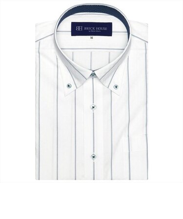 ワイシャツ 半袖 形態安定 ボタンダウン 白×グリーンストライプ （再生ポリエステル）