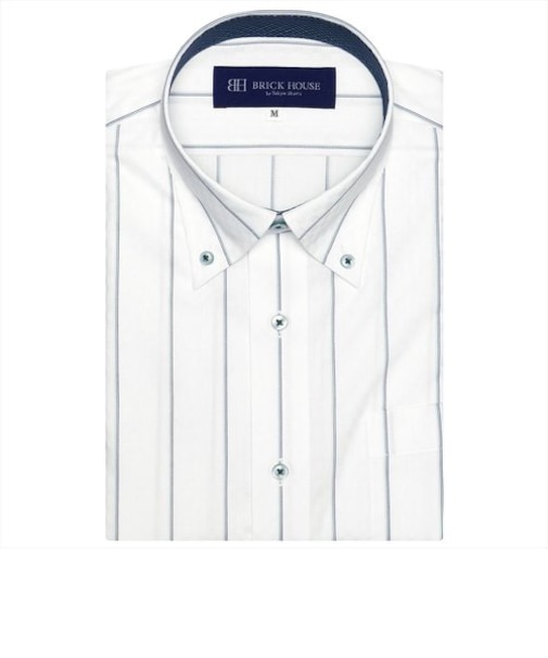 ワイシャツ 半袖 形態安定 ボタンダウン 白×グリーンストライプ （再生ポリエステル）