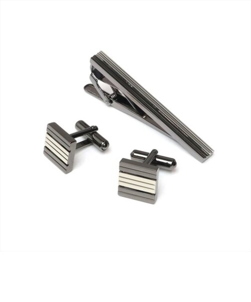 【日本製】タイピン カフリンクス セット  シルバー×ガンメタリック系 ビジネス フォーマル