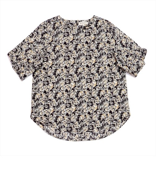 ボタニカル柄 袖リボン半袖ブラウス 黒系