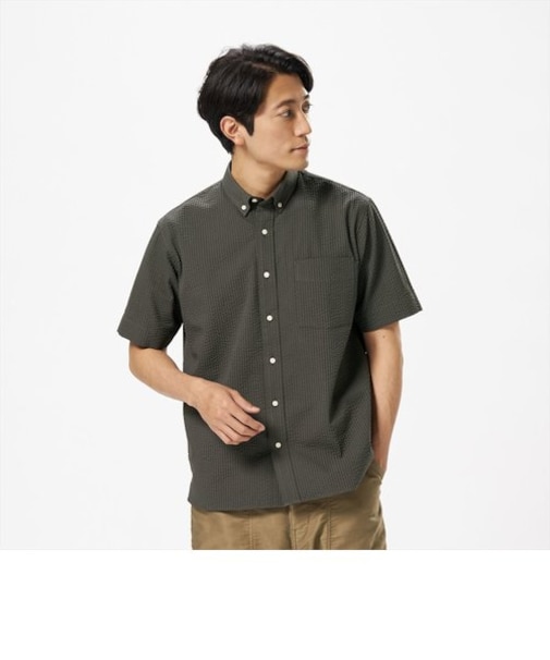 サッカー生地 ボタンダウン ラウンドテール 半袖カジュアルシャツ