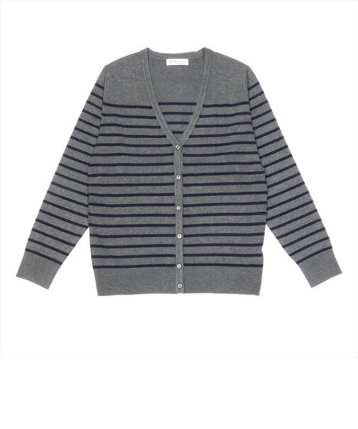 ニット カーディガン Vネックボーダー チャコールグレー系 レディース
