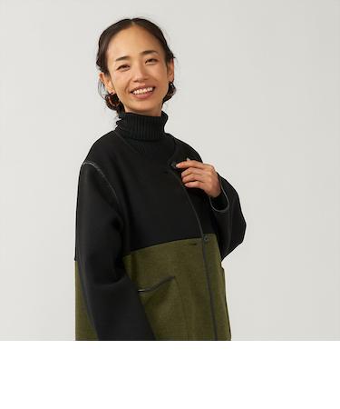アウター ノーカラーパイピングコート カーキ系 レディース