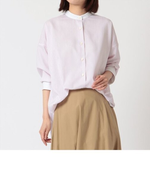 形態安定 BIGシルエット 七分袖 スタンドカラーシャツ オフィス カジュアル