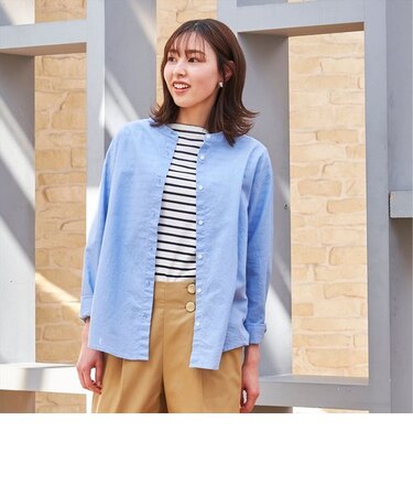 綿麻バンドカラー 長袖シャツ レディースカジュアル