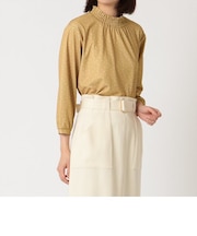 シャーリングネック ランダムドット 七分袖ブラウス